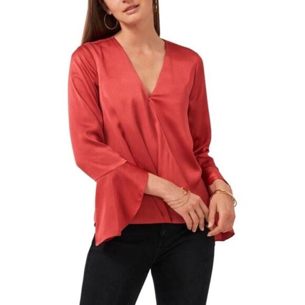 VINCE CAMUTO Bell Sleeve Satin‎ Blouse In Rose Melody Size Medium Red Orange